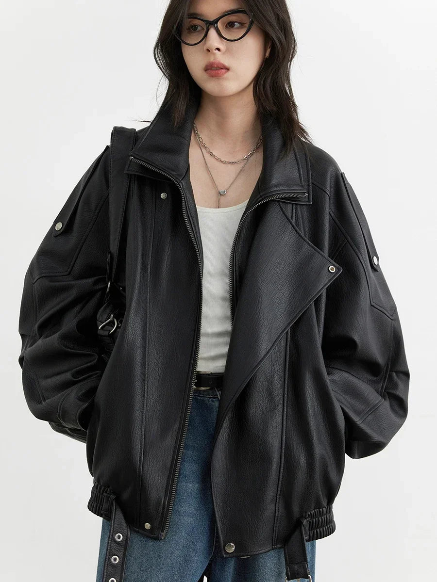 Chic Faux Leather Standing Collar Jacket