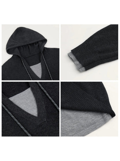 Casual Contrast Color Hooded Pullover - Loose Knit Sweater Loran