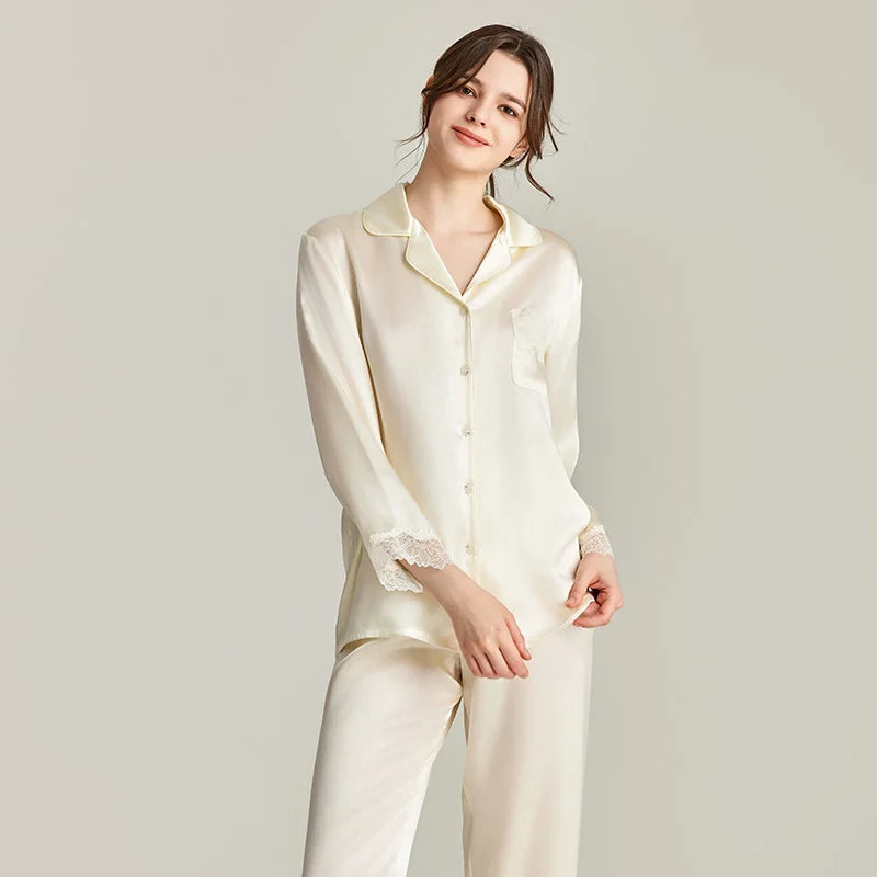 100% Real Silk Pajamas Set with Lace Trim Women's Sleepwear Loran