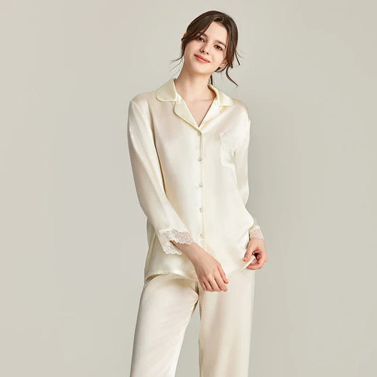 100% Real Silk Pajamas Set with Lace Trim Women's Sleepwear Loran