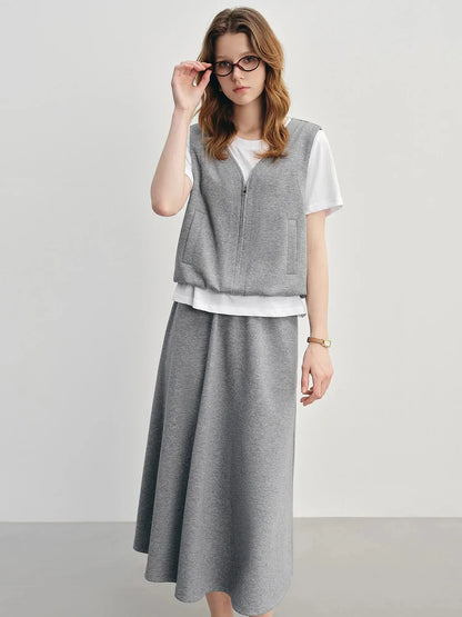 Simple Gray Short-Sleeve Faux Two-Piece Skirt Suit - Loran
