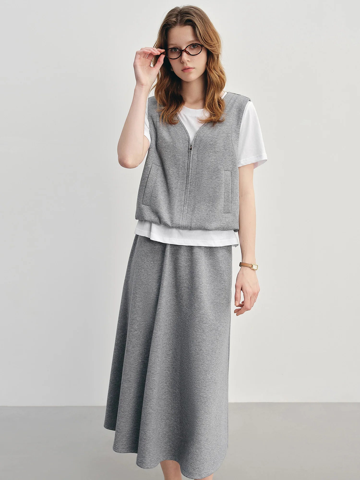 Gray Mock Two-Piece Skirt Suit Casual Short-Sleeve Set