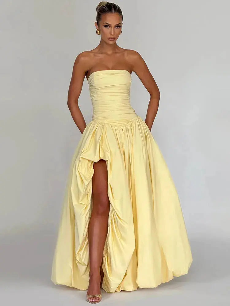 Elegant Off-Shoulder Gown with Thigh-High Split - Loran