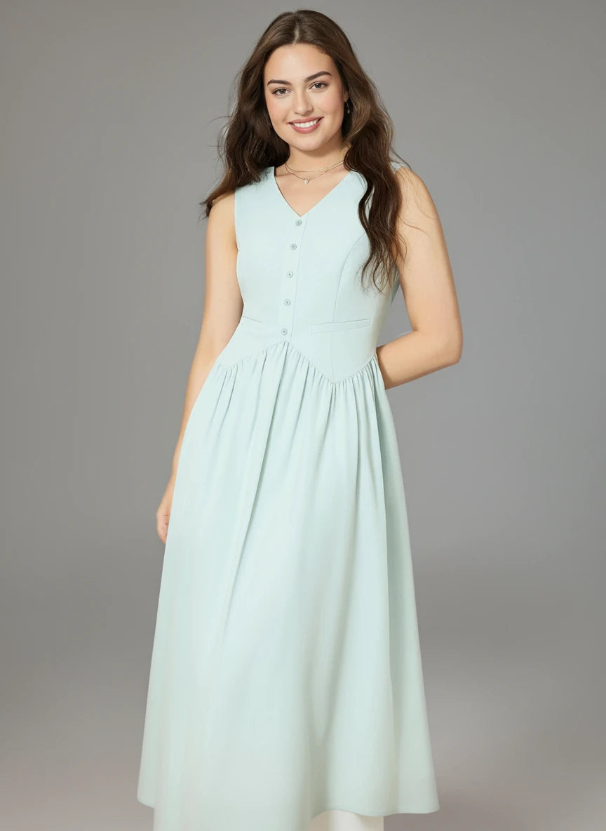 Woman wearing a light blue dress against a gray background