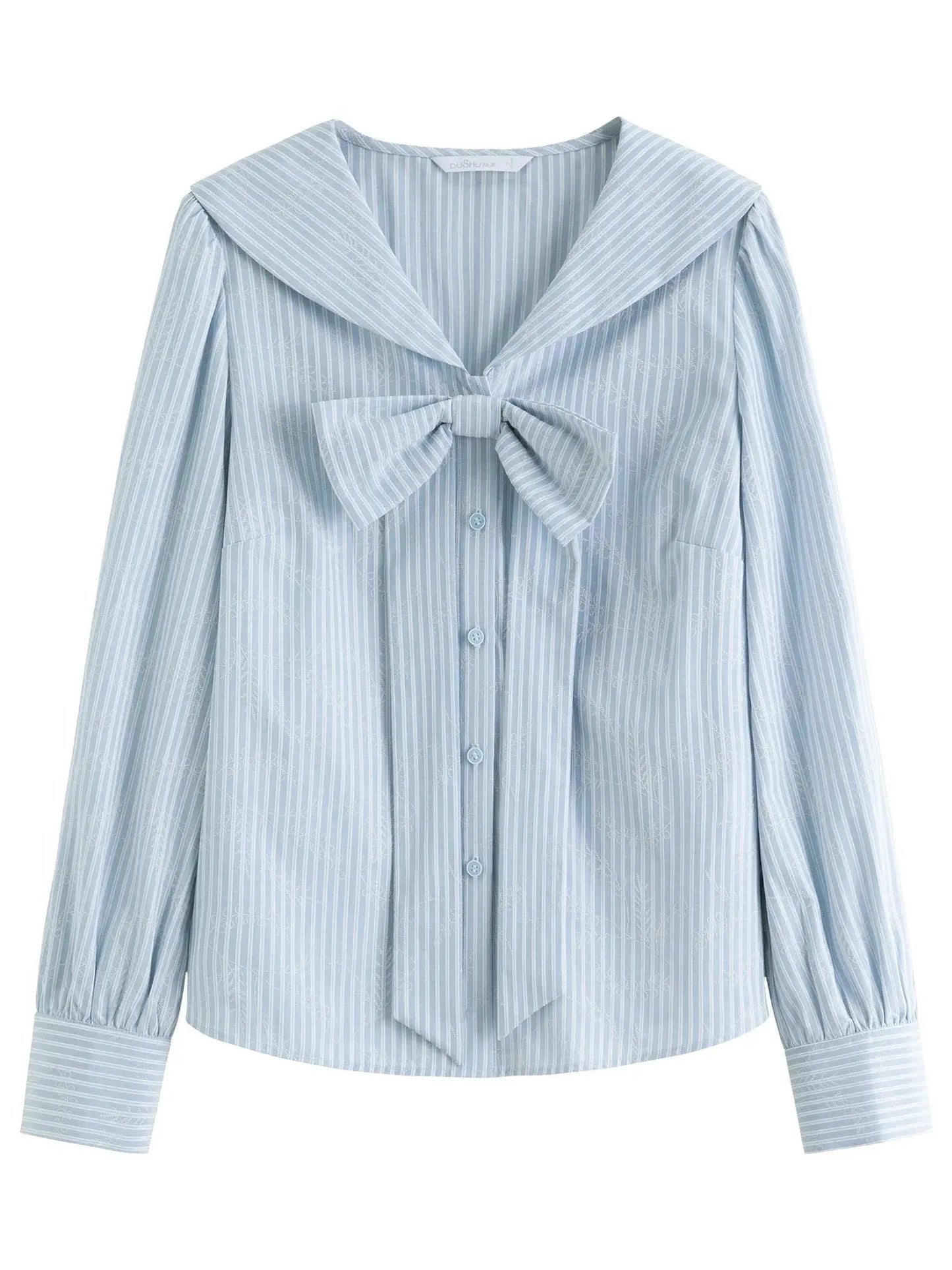 Plus Size Navy Striped Shirt with Collar & Bow Detail - Loran