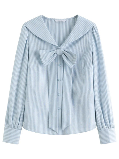 Plus Size Navy Striped Shirt with Collar & Bow Detail - Loran