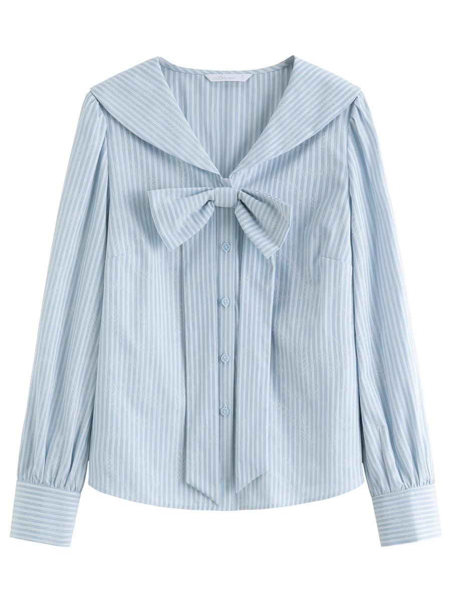 Plus Size Navy Striped Shirt with Collar & Bow Detail