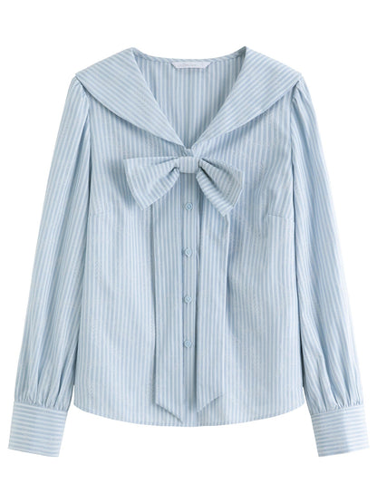 Plus Size Navy Striped Shirt Dress with Bow Autumn Style Loran