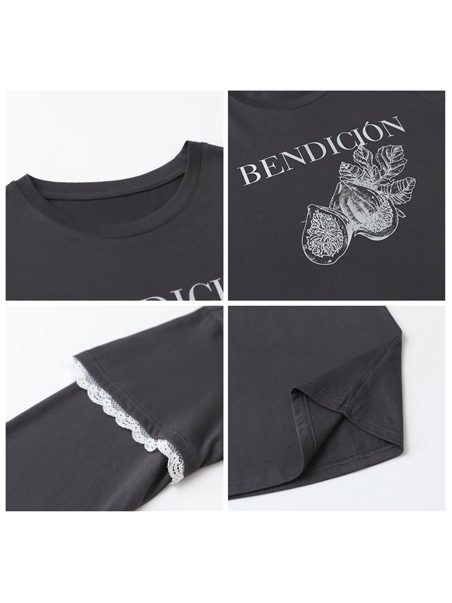 CHIC VEN Women T-Shirts O Neck Cotton Loose Casual New Patchwork Lace Letter Tees Female Long-sleeved Top Spring Summer 2025 Loran