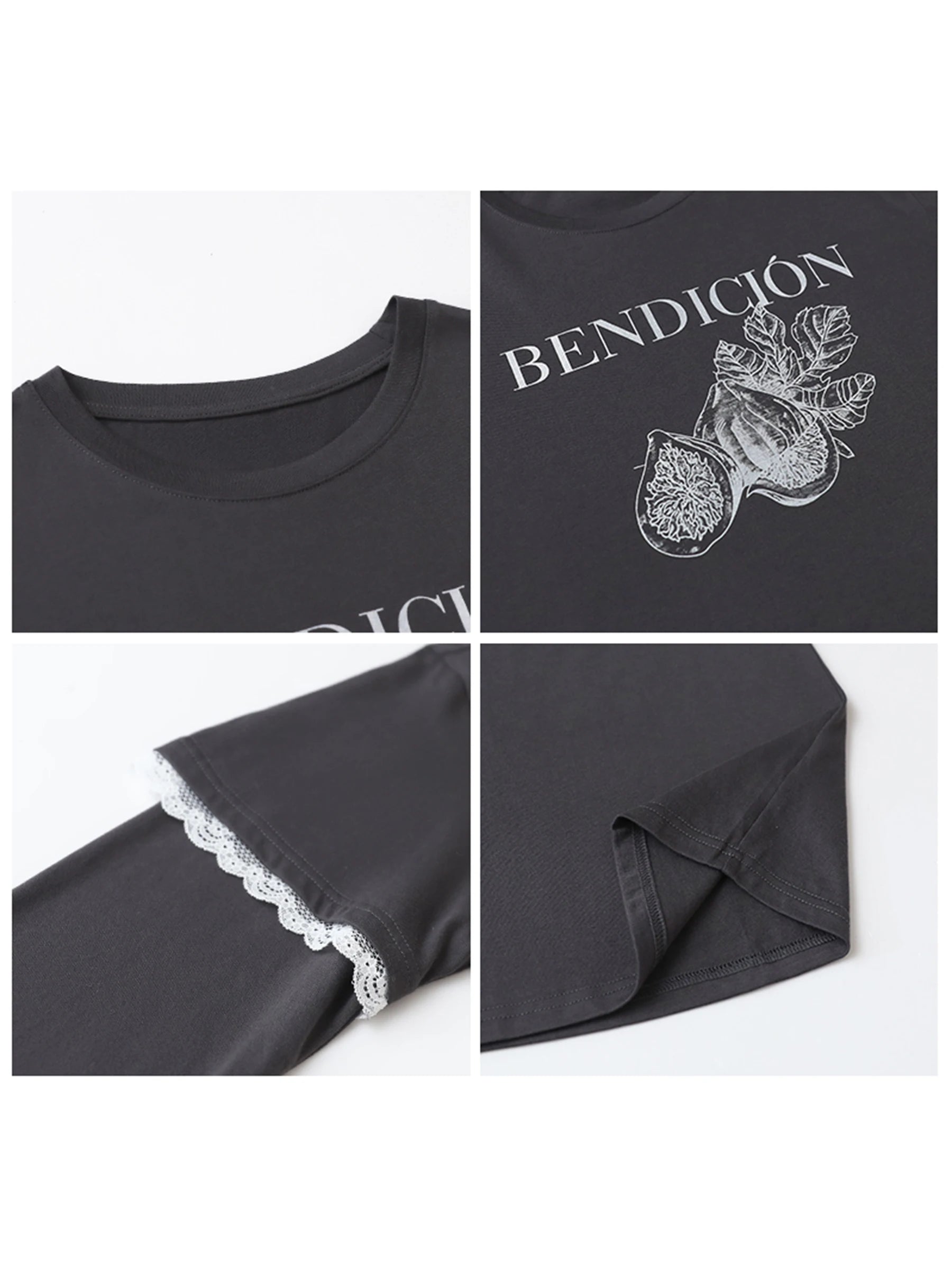 CHIC VEN Women T-Shirts O Neck Cotton Loose Casual New Patchwork Lace Letter Tees Female Long-sleeved Top Spring Summer 2025 Loran