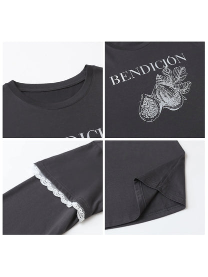 CHIC VEN Women T-Shirts O Neck Cotton Loose Casual New Patchwork Lace Letter Tees Female Long-sleeved Top Spring Summer 2025 Loran