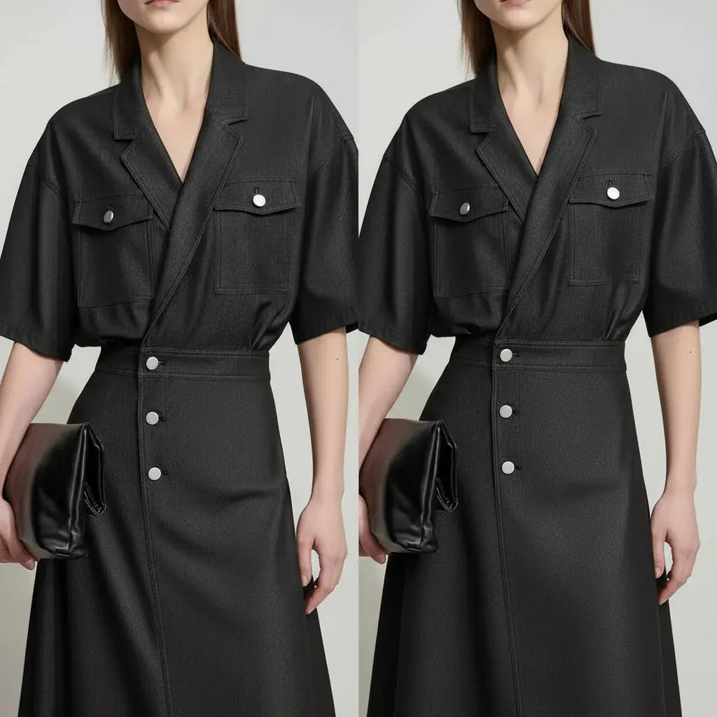 Draped Flip-Neck Denim Shirt Dress - Loran