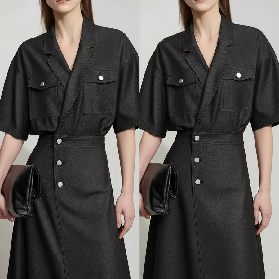 Black denim outfit with button details on a plain background