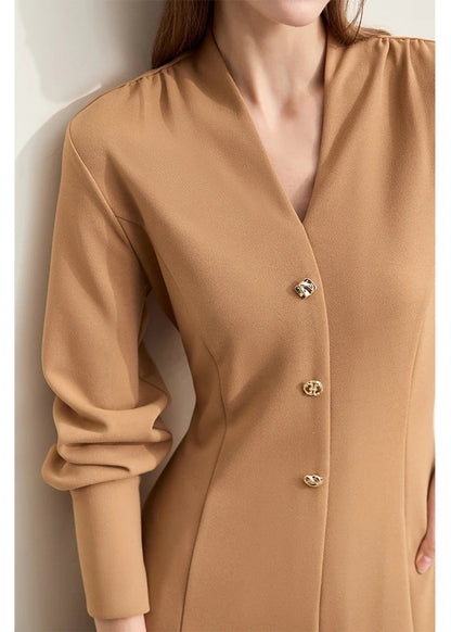Amii Minimalism 2025 Women Dresses Autumn New Elegant V-neck Buckle Waist Fashion Office Lady Slim Long Dress Female 12443046 Loran