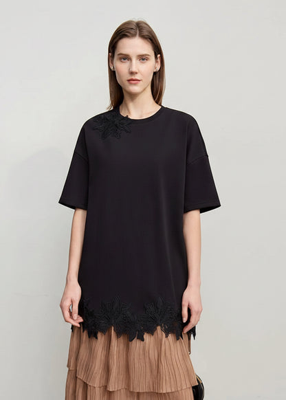Amii Women's T-shirt 2026 Spring New O-neck Drop Shoulder Short Sleeve Patchwork Lace Cotton T-shirt Women's Loose Top 12611010 Loran