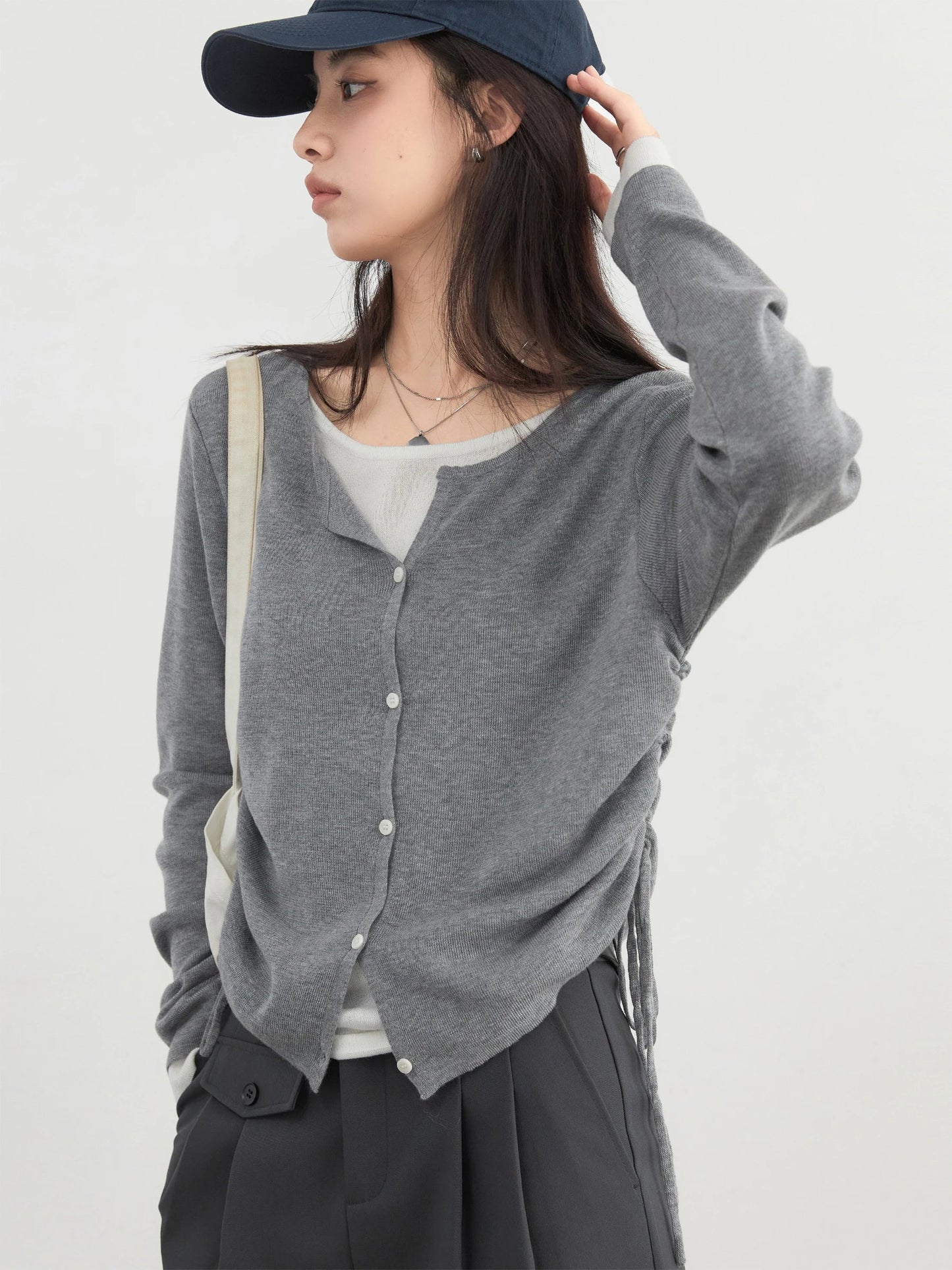 Slim Fit O-Neck Sweater Drawstring Waist Knit Jumper Loran