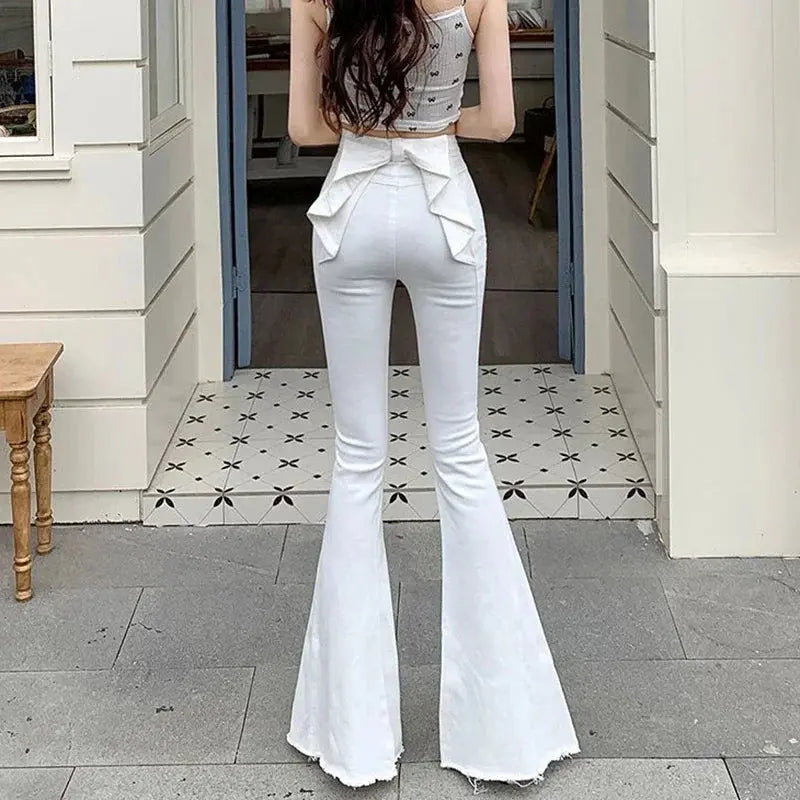 High-Waist Denim Flares with Bow Detail - Loran