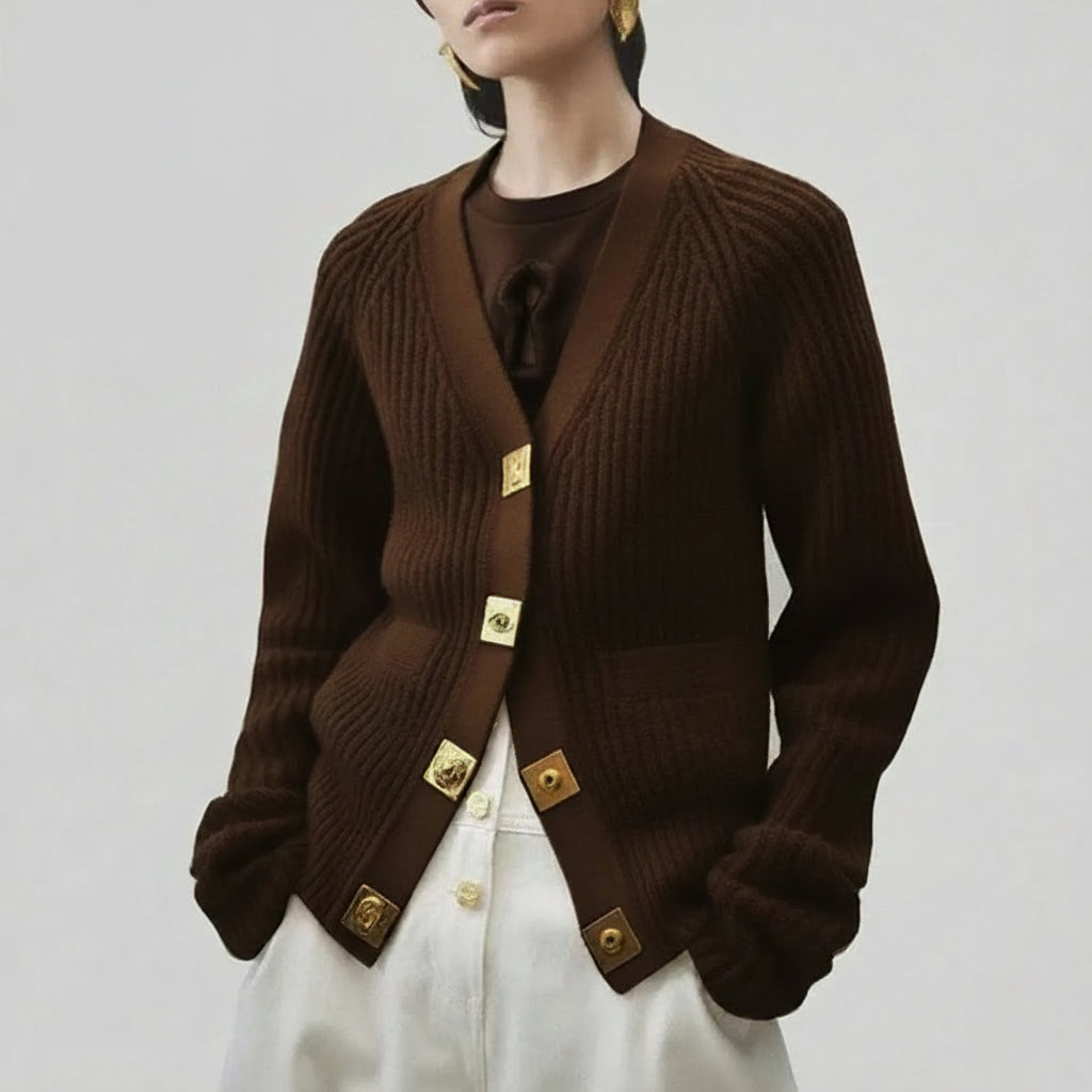 Elegant V-Neck Knitted Sweater Coat for Autumn & Winter