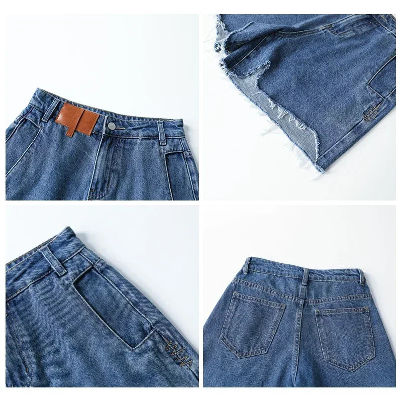 High-Waisted Retro Denim Shorts Irregular Cut Blue Jeans Loran