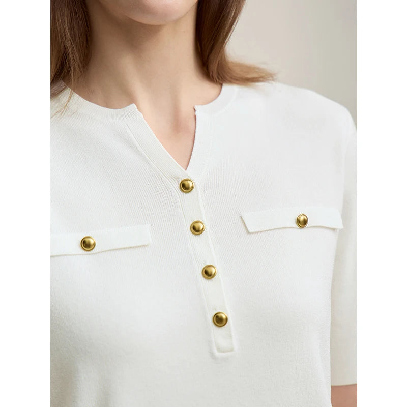 Amii Women's Sweater 2026 Spring New Elegant Knitted Straight Sweater Women's Pullover Half-placket Short-sleeved Top 12621045 Loran