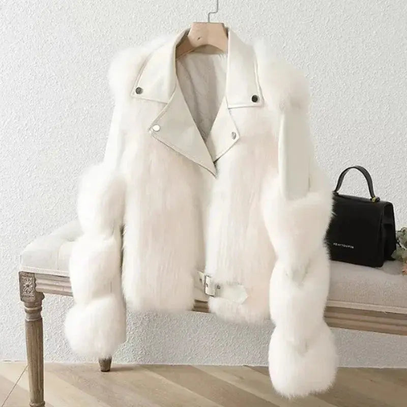 Faux Fur Jacket Patchwork Long Sleeve Pu Leather Fluffy - Loran