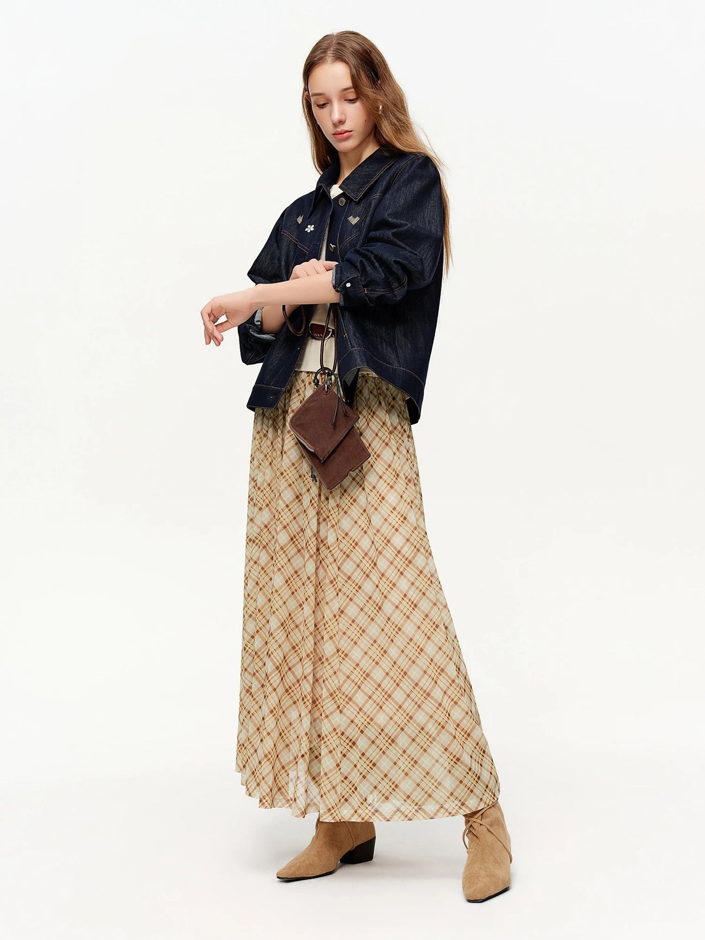 DUSHU Brown Retro Plaid Mesh Midi Skirt 2026 Spring New Arrival Fashionable Long A-line Skirt Romantic Holiday Urban Style Loran