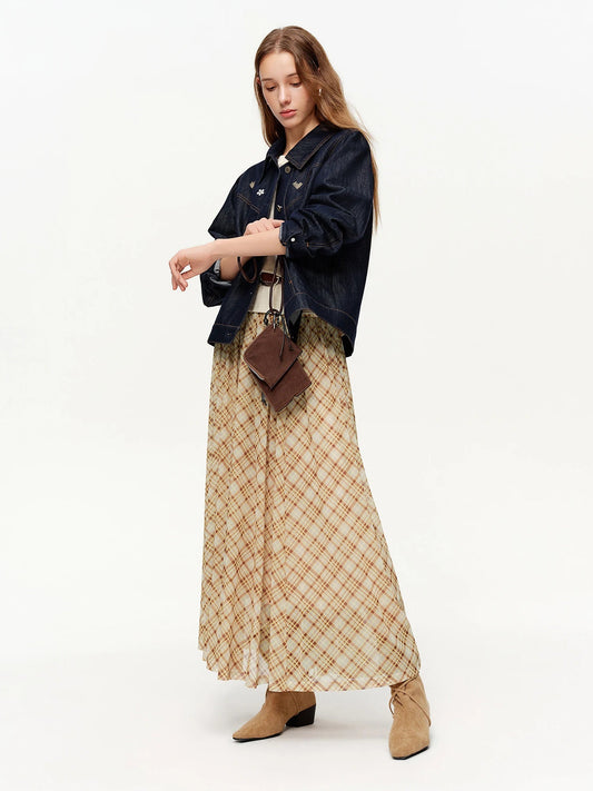 DUSHU Brown Retro Plaid Mesh Midi Skirt 2026 Spring New Arrival Fashionable Long A-line Skirt Romantic Holiday Urban Style Loran
