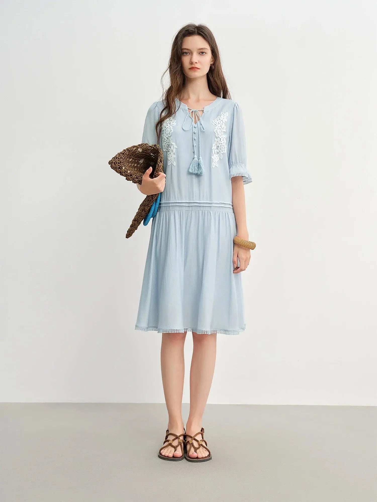 Bohemian Embroidered Midi Dress with Tassel Straps - Loran