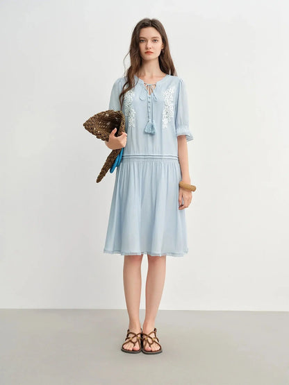 Bohemian Embroidered Midi Dress with Tassel Straps - Loran