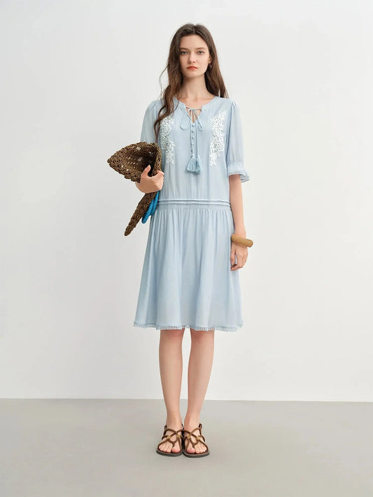 Bohemian Embroidered Midi Dress with Tassel Straps - Loran