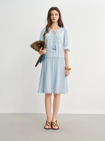 Bohemian Embroidered Midi Dress with Tassel Straps