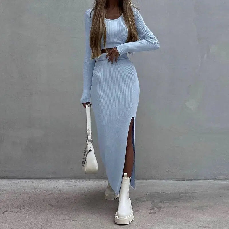 Solid Knit 2-Piece Bodycon Skirt Outfit