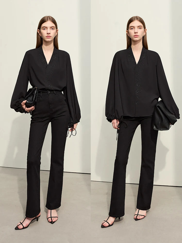 Amii Chiffon Women's Blouse 2025 Autumn New V-neck Letter Embroidered Top Elegant Lantern Sleeve Loose Women's Shirt 12421028 Loran