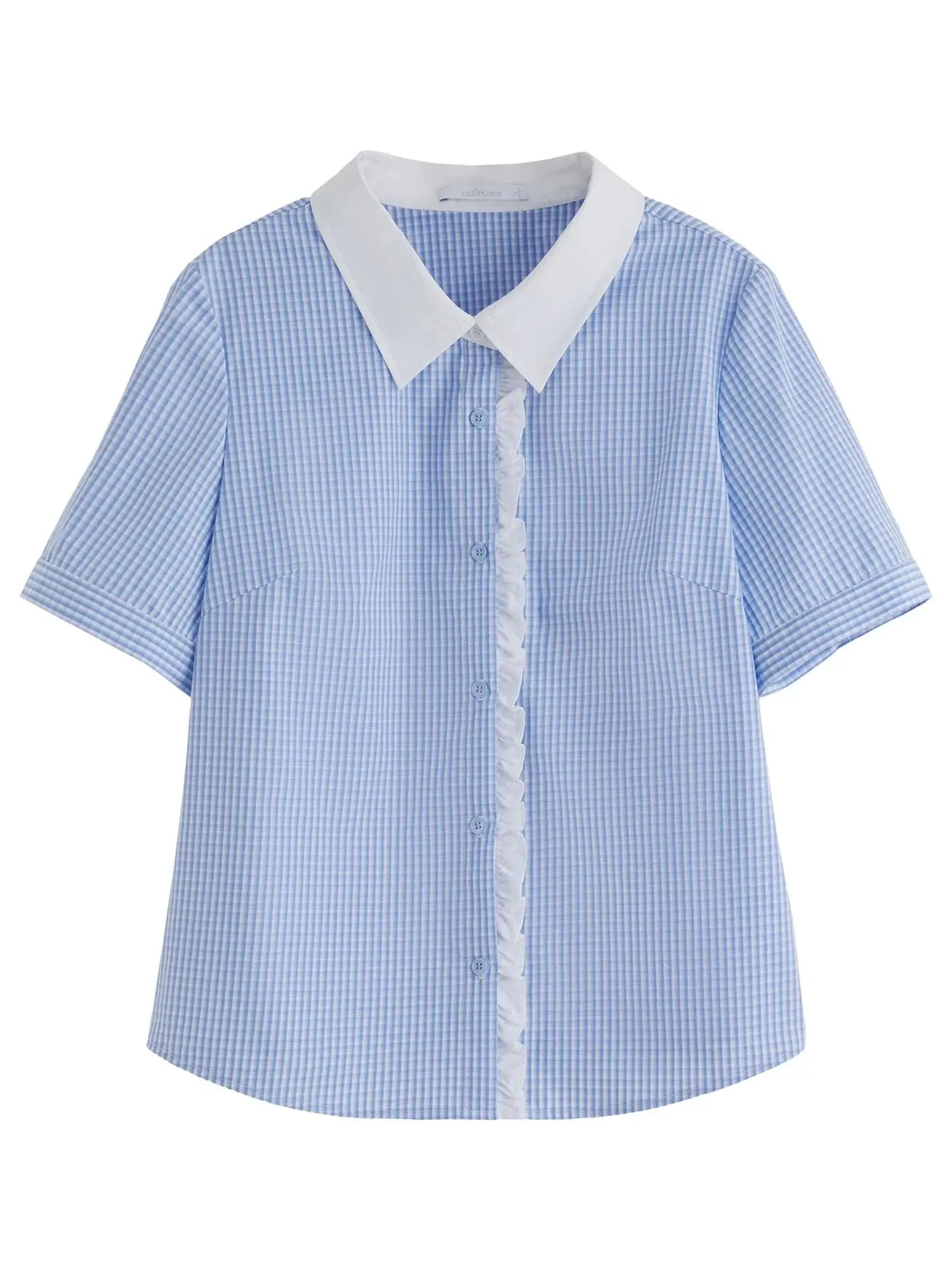 Plus Size Blue Plaid Retro Lace Shirt LORAN STORE