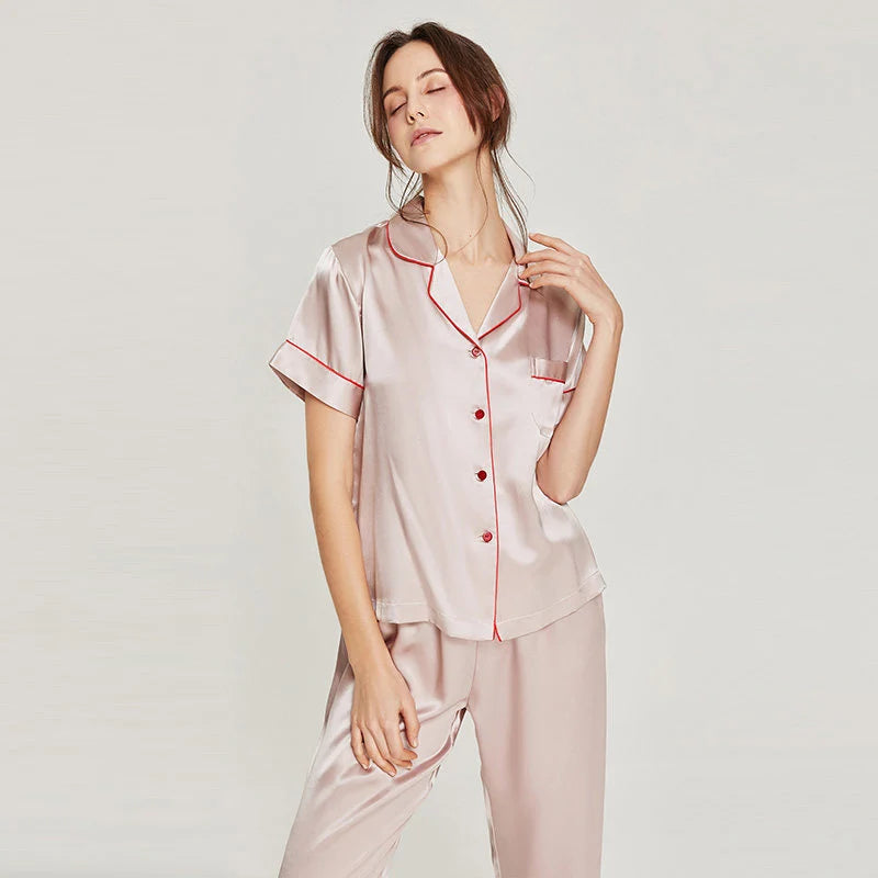 Women's Pink Silk Pajamas Short Sleeve Real Silk Sleepwear Loran