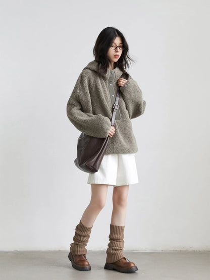 Hooded Granular Fleece Jacket Loose Casual Short Coat Loran