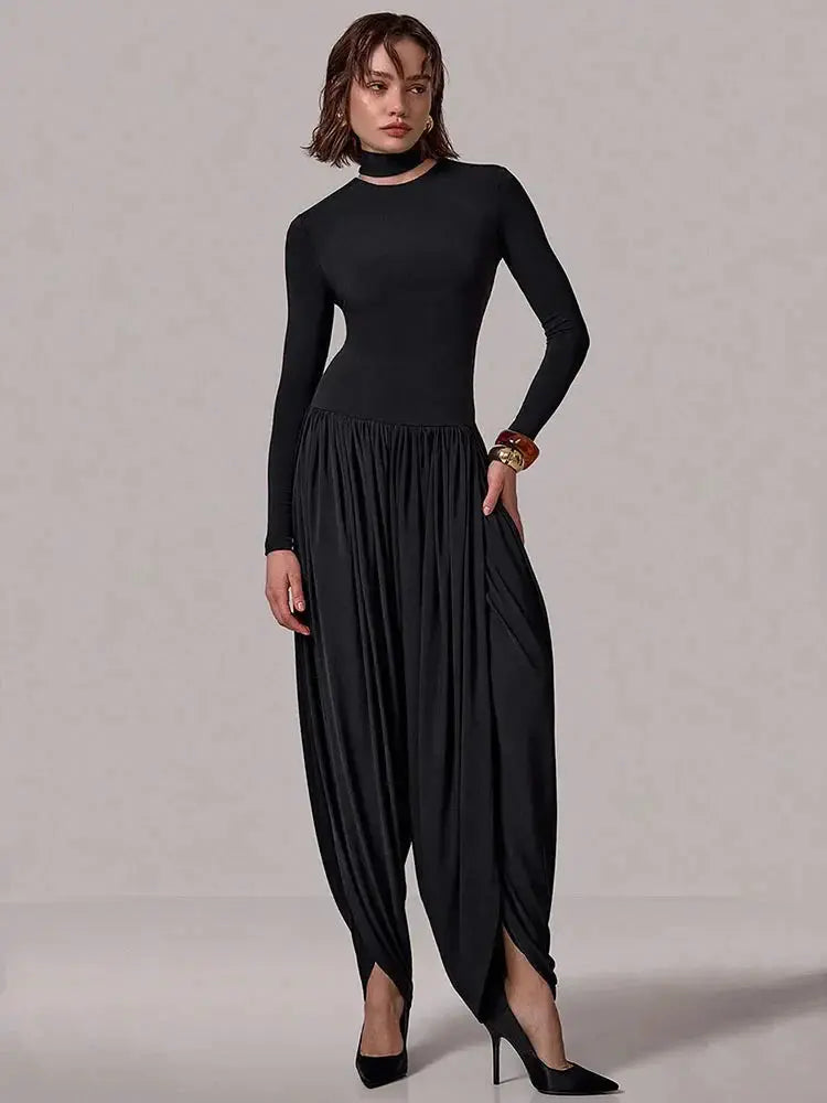 Slim-Fit Patchwork Jumpsuit with Draped Long Sleeves - Loran