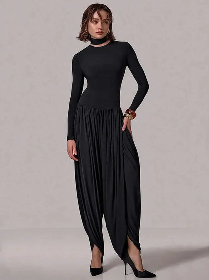 Slim-Fit Patchwork Jumpsuit with Draped Long Sleeves - Loran