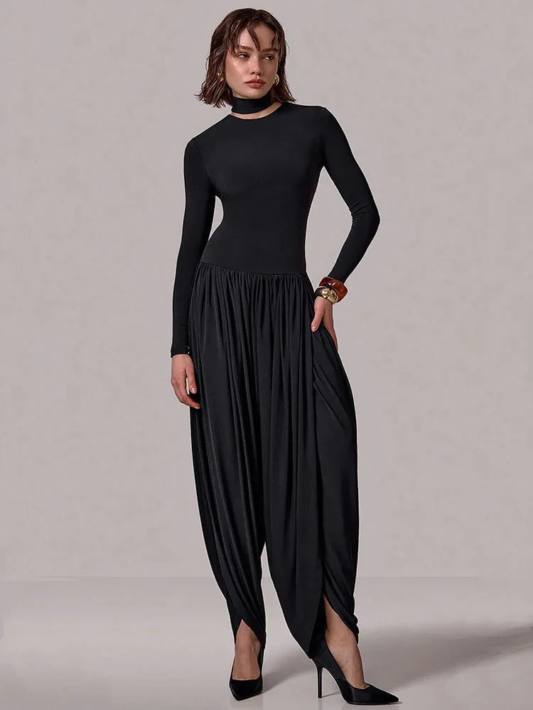 Sexy Slim-Fit Patchwork Jumpsuit with Draped Long Sleeves