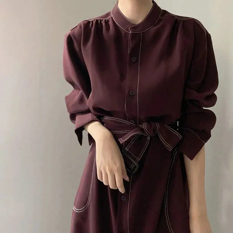 Casual-Chic Stand Collar Straight Dress with Tie Sash - Loran