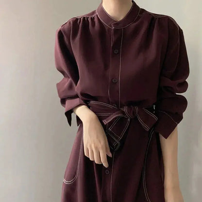 Casual-Chic Stand Collar Straight Dress with Tie Sash - Loran