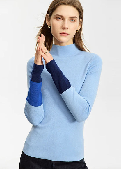 AMII Minimalist 2025 Winter New Sweaters for Women Office Lady Basics Half High Collar Color Contrast Slim Pullovers 12324067 Loran