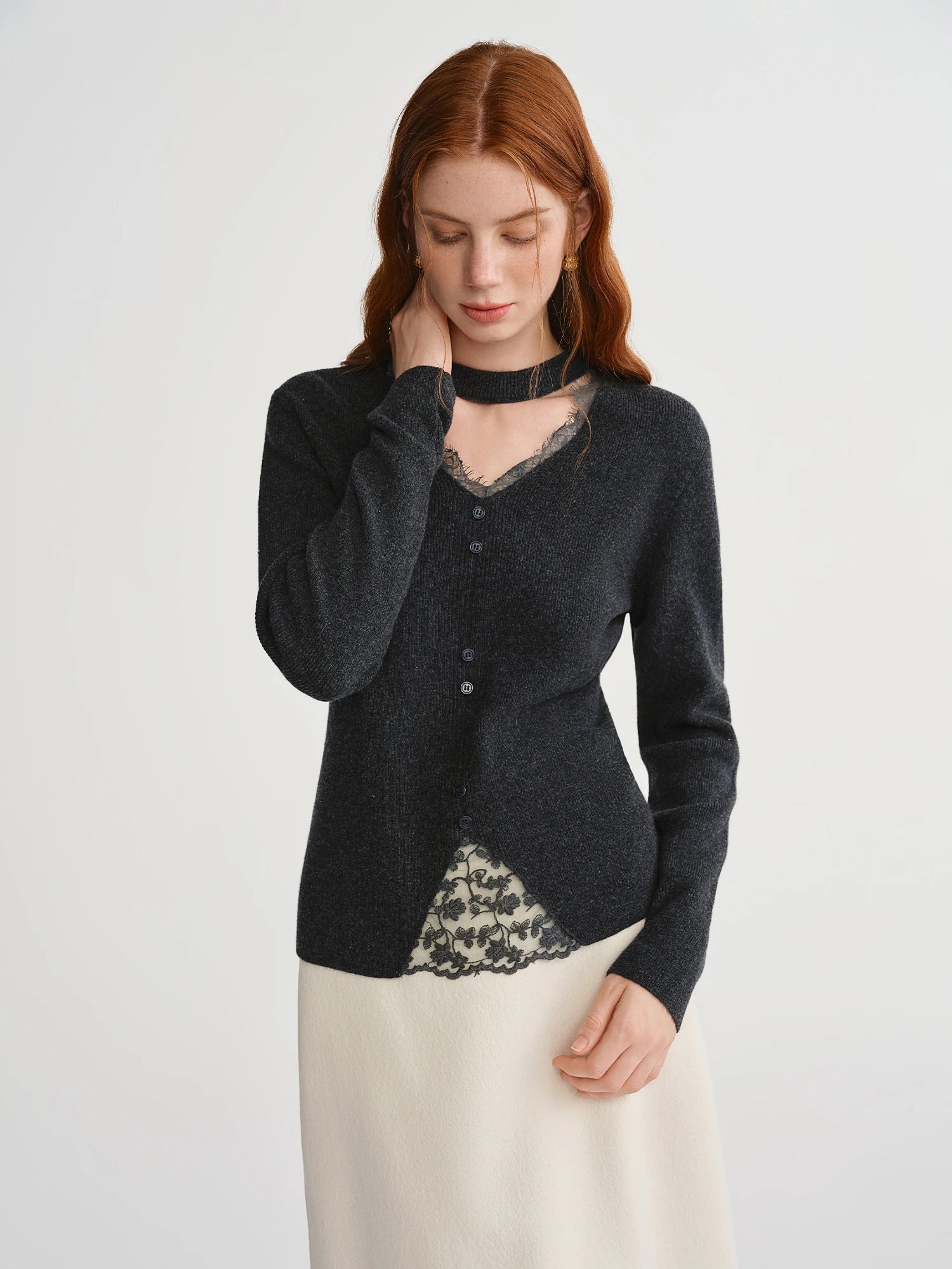 Plus Size Lace-Trimmed Mesh Knit Sweater Warm Wool Blend Loran
