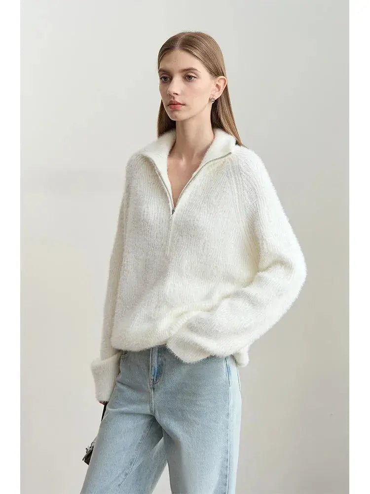 Women's Loose Fit Turtleneck Sweater with Quarter-Zip - Loran