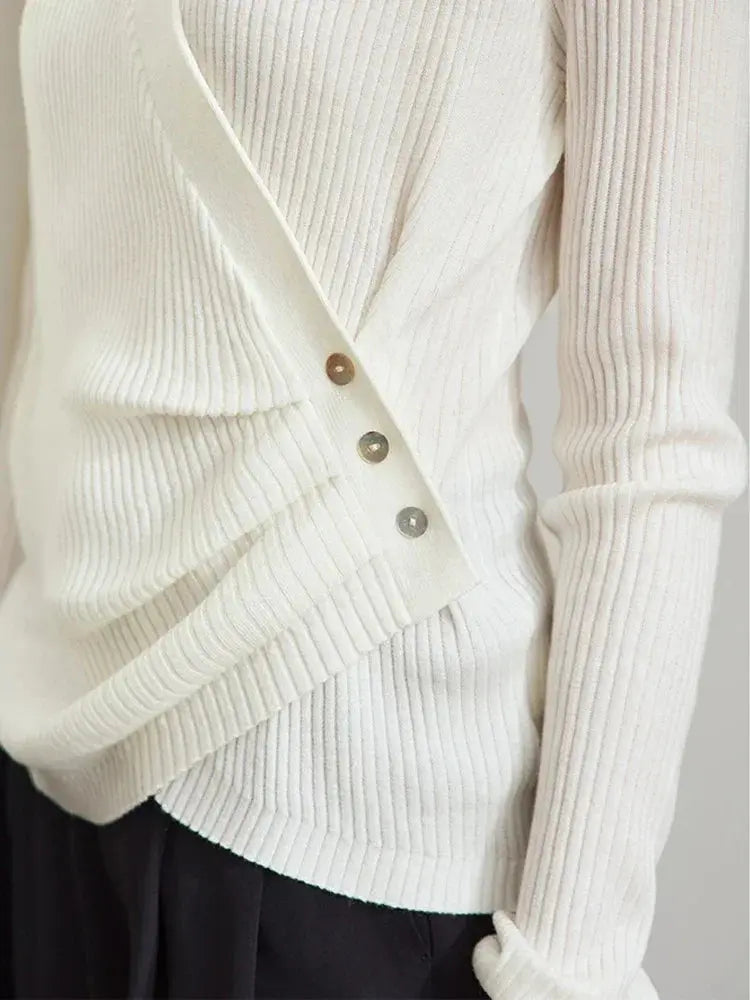 Women's V-Neck Knitted Sweater with Shell Buckle Detail - Loran