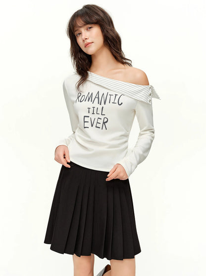 Women's Asymmetric Stripe Long Sleeve T-Shirt Letter Print Top Loran
