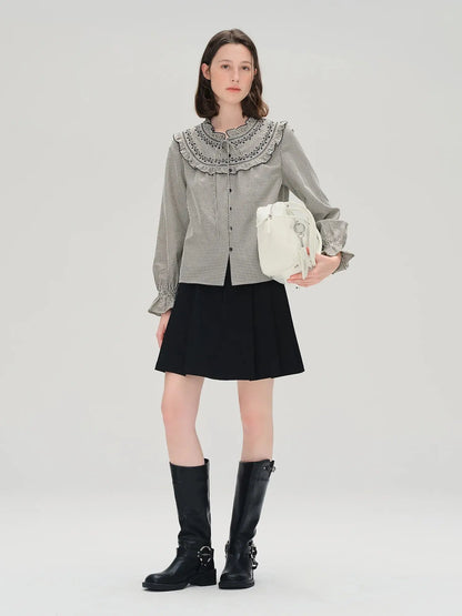 Sweet French Style Ruffled Plaid Shirt for Women - Loran