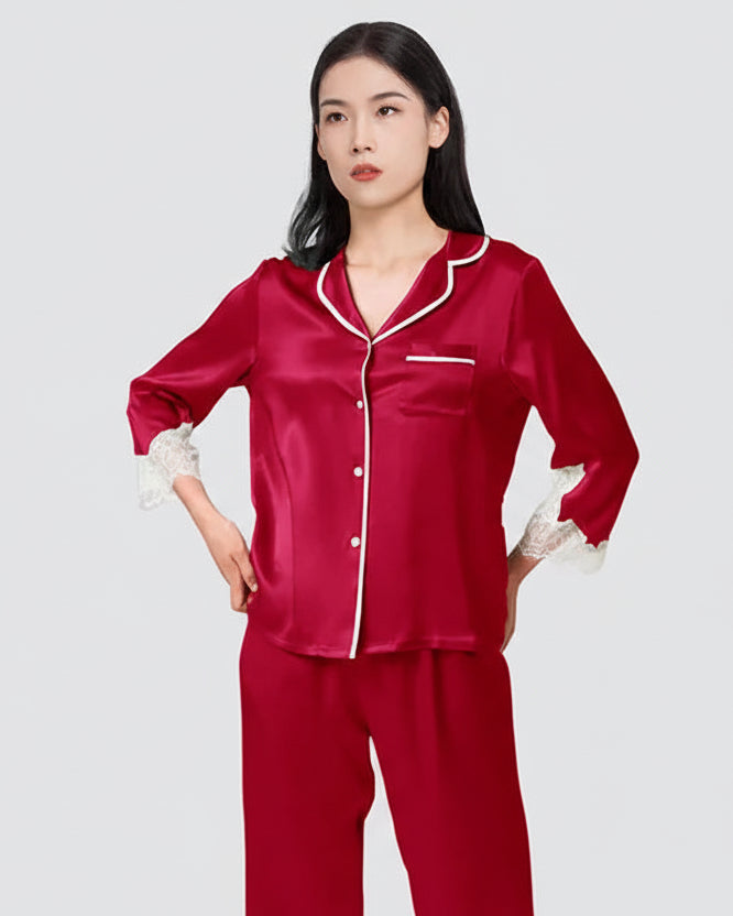 Mulberry Silk Pajama Set with Lace Trim 3-Piece Loungewear Loran