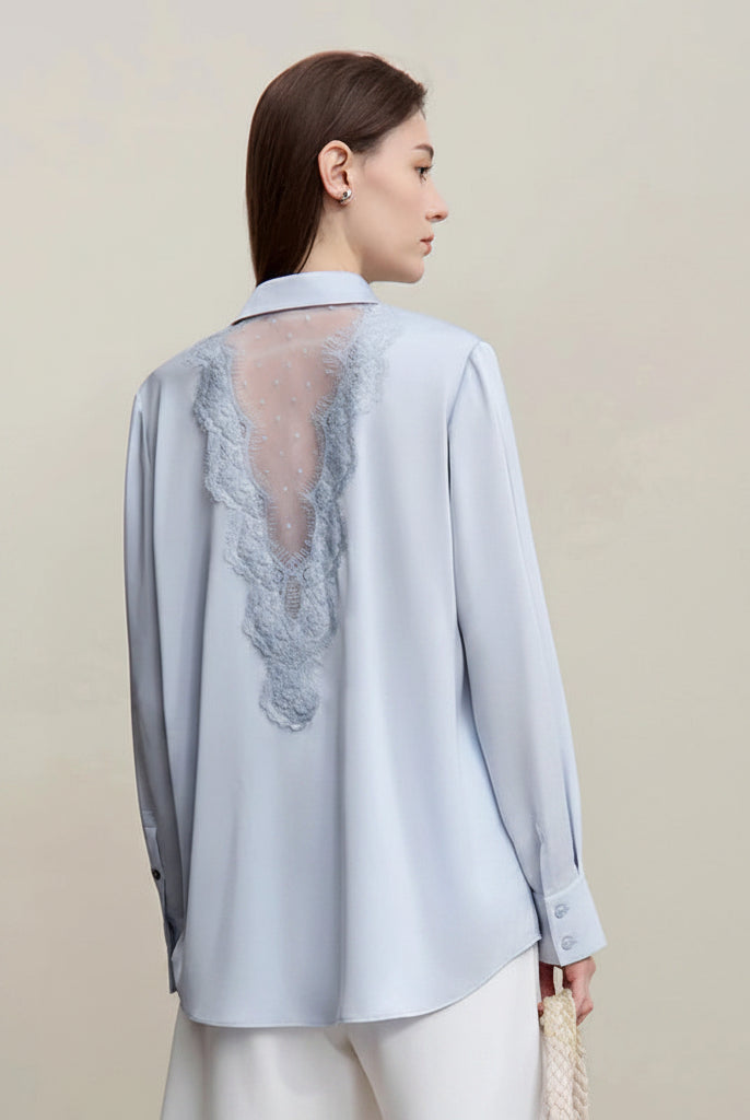 Amii Women's Blouse 2026 Spring New Mesh Lace Patchwork Chiffon Shirt Women's Casual Loose Lapel Single Breasted Tops 12641087 Loran