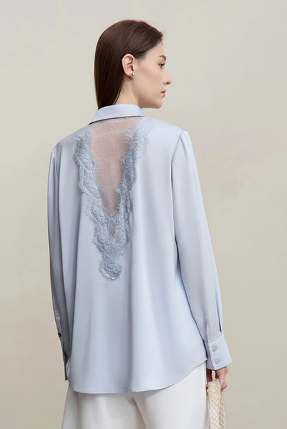 Amii Women's Blouse 2026 Spring New Mesh Lace Patchwork Chiffon Shirt Women's Casual Loose Lapel Single Breasted Tops 12641087 Loran